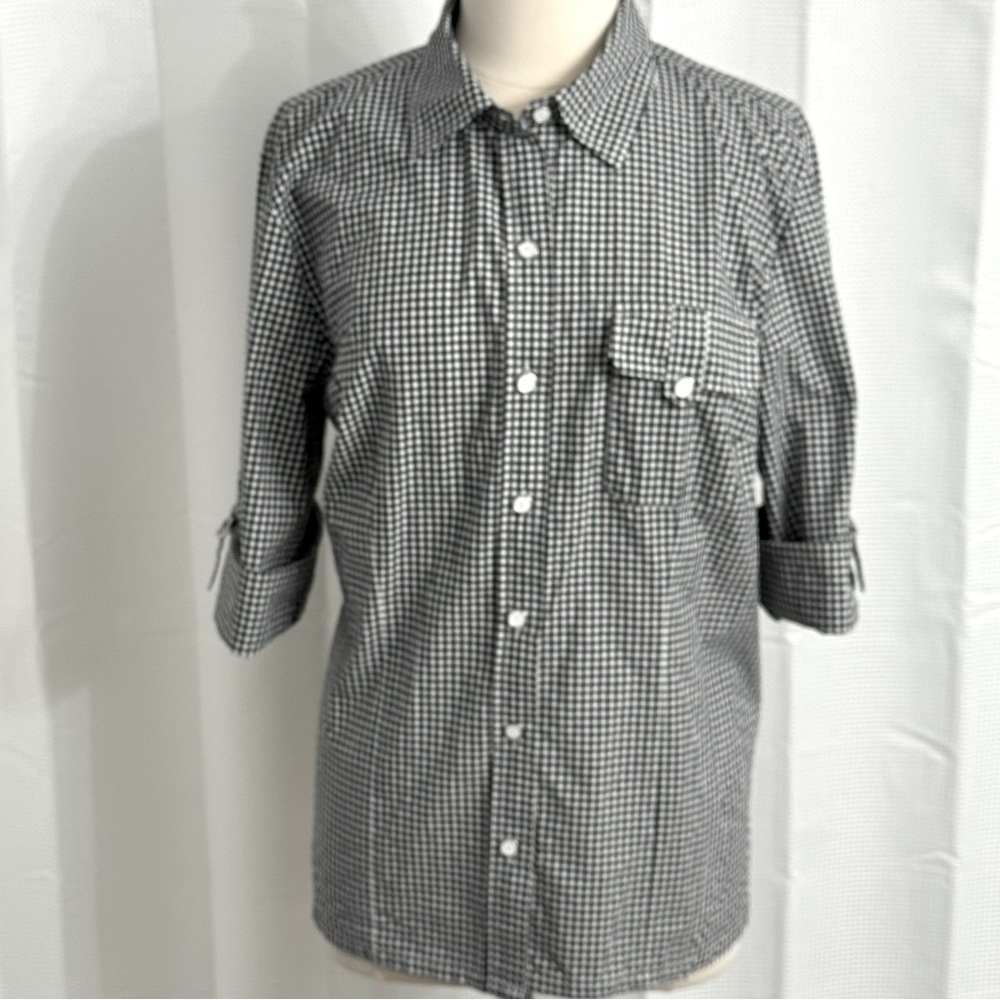 Karen Scott Women's 3/4 Sleeve Gingham Front Button Blouse, Black/White Size XL